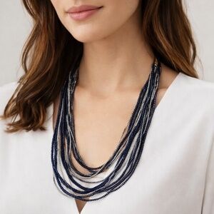 Alexandra Tsoukala Esslip 8 Strand Pleated Satin Necklace Navy & Silver 20"